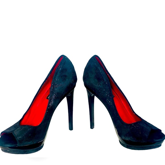 Charles Jourdan Black Leather Suede Open Toe Heels Size 8.5 - Picture 2 of 12